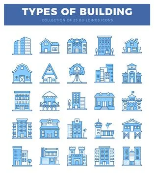 Flat icons of 25 building types. including modern. traditional. and commerc.. Ilustração Stock