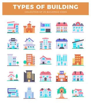 Flat icons of 25 building types displayed on a white background. Ilustración de archivo