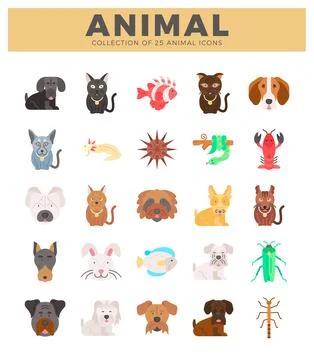 Flat icons of 25 diverse animals in a grid formation on a white background. Stockillustratie