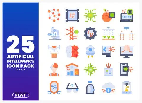 Flat icons of artificial intelligence concepts on a white background Stock Illustration