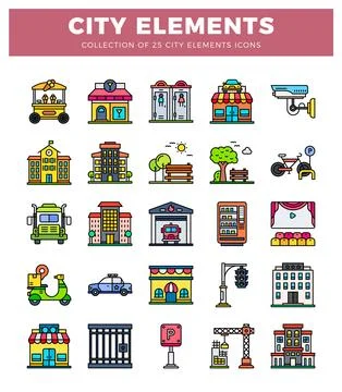 Flat icons of city elements. 5x5 grid. colorful cartoon illustration Illustrazione stock