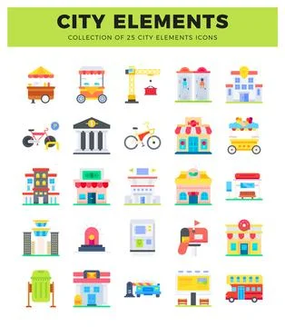Flat icons of city elements. diverse urban icons including buildings. trans.. Stock Illustration