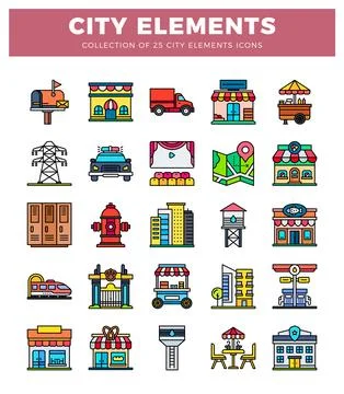 Flat icons of city elements. diverse urban structures. and services. a grap.. Illustrazione stock