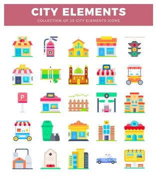 Flat icons of city elements in a grid pattern on a white background. 스톡 일러스트