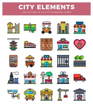 Flat icons of city elements pack Stock Illustration