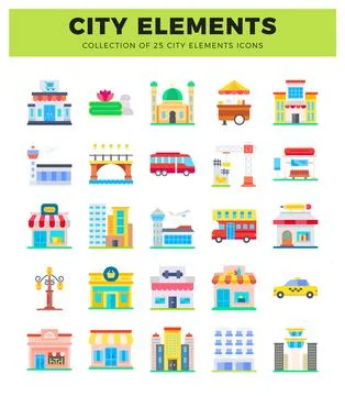 Flat icons for city elements vector illustrations. diverse urban structures.. Illustrazione stock