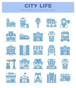 Flat icons of city life elements in blue. urban icons with transportation a.. Stockillustratie