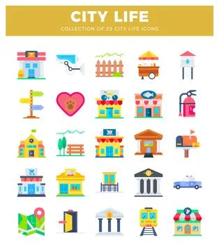 Flat icons of city life elements. organized in a grid layout with a golden .. Ilustración de archivo
