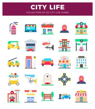Flat icons city life elements on a white background. 스톡 일러스트