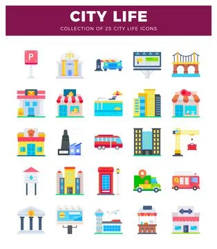 Flat icons of city life elements with colorful building illustrations in a gr 스톡 일러스트