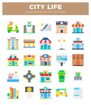 Flat icons of city life elements. including a scooter and buildings. set ag.. Illustrazione stock