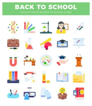 Flat icons collection for back to school with science and education themes Stock Illustration