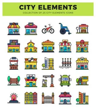 Flat icons collection of city elements and buildings. イラスト素材