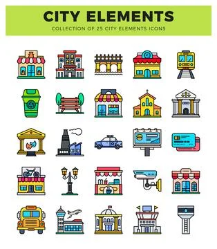 Flat icons collection of city elements. street scenes and buildings. displa.. Illustrazione stock