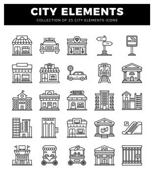 Flat icons collection of city elements and buildings. Illustrazione stock