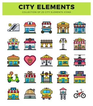 Flat icons collection of city elements on white background 스톡 일러스트