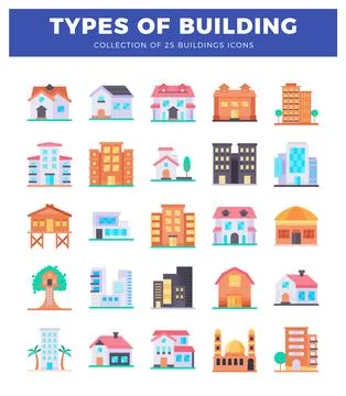 Flat icons collection of diverse building types on a white background. Ilustración de archivo