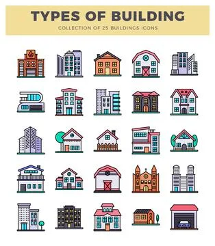 Flat icons collection of diverse building types on a white background Ilustración de archivo