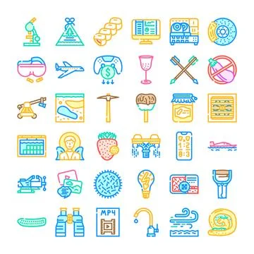 Flat icons collection representing various objects and activities Stock Illustration