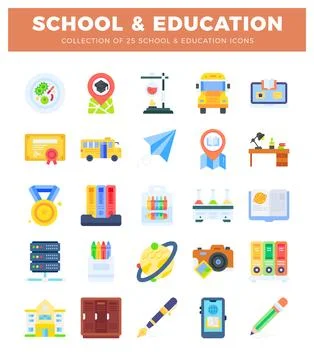 Flat icons collection for school and education subjects on white background Stock Illustration
