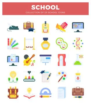 Flat icons collection for school and education with diverse symbols Stock Illustration