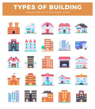 Flat icons collection of various building types on white background Ilustración de archivo