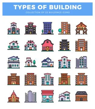 Flat icons collection of various building types on a white background. Ilustración de archivo