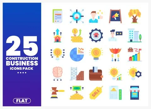 Flat icons for construction business. including finance and success symbols Stock Illustration