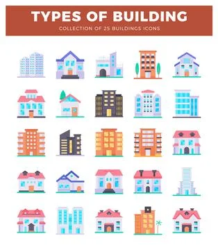 Flat icons depict various building types on a white background. distinct ar.. Stock Illustration