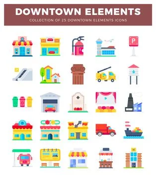 Flat icons depicting downtown elements like shops and vehicles. isolated on.. Stock Illustration