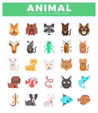 Flat icons of diverse animals on white background. vector illustration. 스톡 일러스트