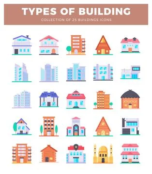 Flat icons of diverse building types on a white background Ilustración de archivo