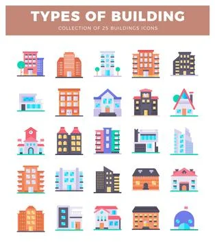 Flat icons of diverse building types on white background. conceptual for ar.. Stock Illustration
