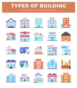 Flat icons of diverse building types arranged in a grid on white background. Ilustración de archivo