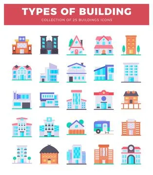 Flat icons of diverse building types arranged on a white background. Ilustración de archivo