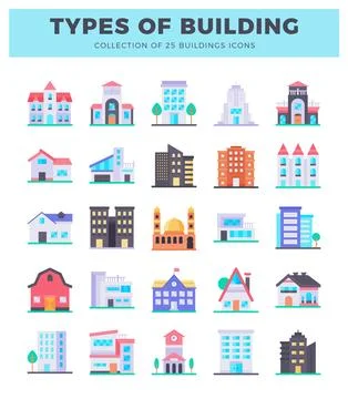 Flat icons of diverse building types with colorful facades and simple desig.. Ilustración de archivo