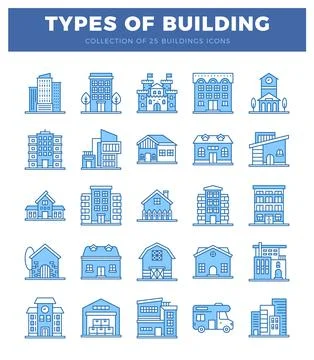 Flat icons of diverse building types set against a white background Ilustración de archivo
