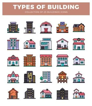 Flat icons of diverse building types. residential and commercial. in a clea.. Ilustración de archivo