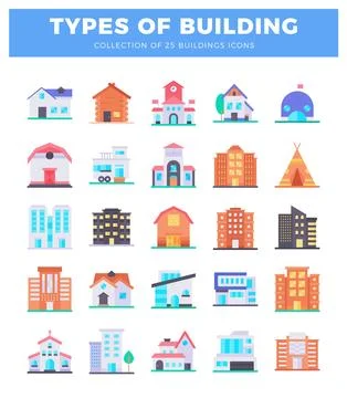 Flat icons of diverse building types displayed against a white background. .. Ilustración de archivo