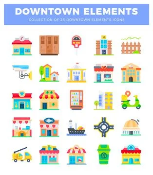 Flat icons of diverse urban elements. including shops. vehicles. and servic.. Illustrazione stock