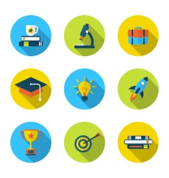 Flat icons of elements and objects for high school and college education wi.. 스톡 일러스트