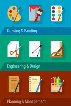 Flat icons with engineering design art planning and management 스톡 일러스트