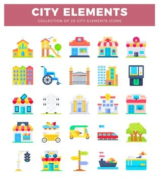 Flat icons featuring city elements. Diverse icons of buildings. transport. .. Stock Illustration