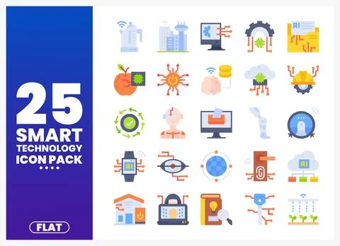 Flat icons illustrating smart technology and artificial intelligence concepts Stock Illustration