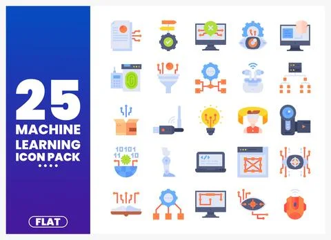 Flat icons for machine learning. artificial intelligence. and data science .. Stock Illustration