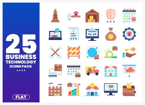 Flat icons pack for business technology and strategy with elements Stock Illustration