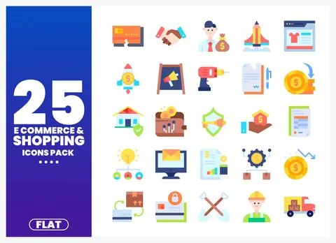 Flat icons pack for e-commerce and shopping with credit cards. handshake. a.. Stock Illustration