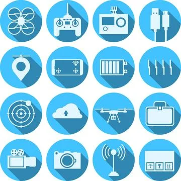 Flat icons for quadrocopter set. Flat blue circle icons collection of comp... Stock Photos