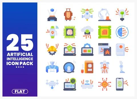 Flat icons represent AI technology including robots. brains. and circuits. Stock Illustration
