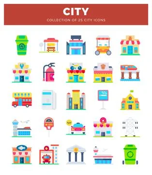 Flat icons representing city elements in a bright. white background setting. Stock Illustration